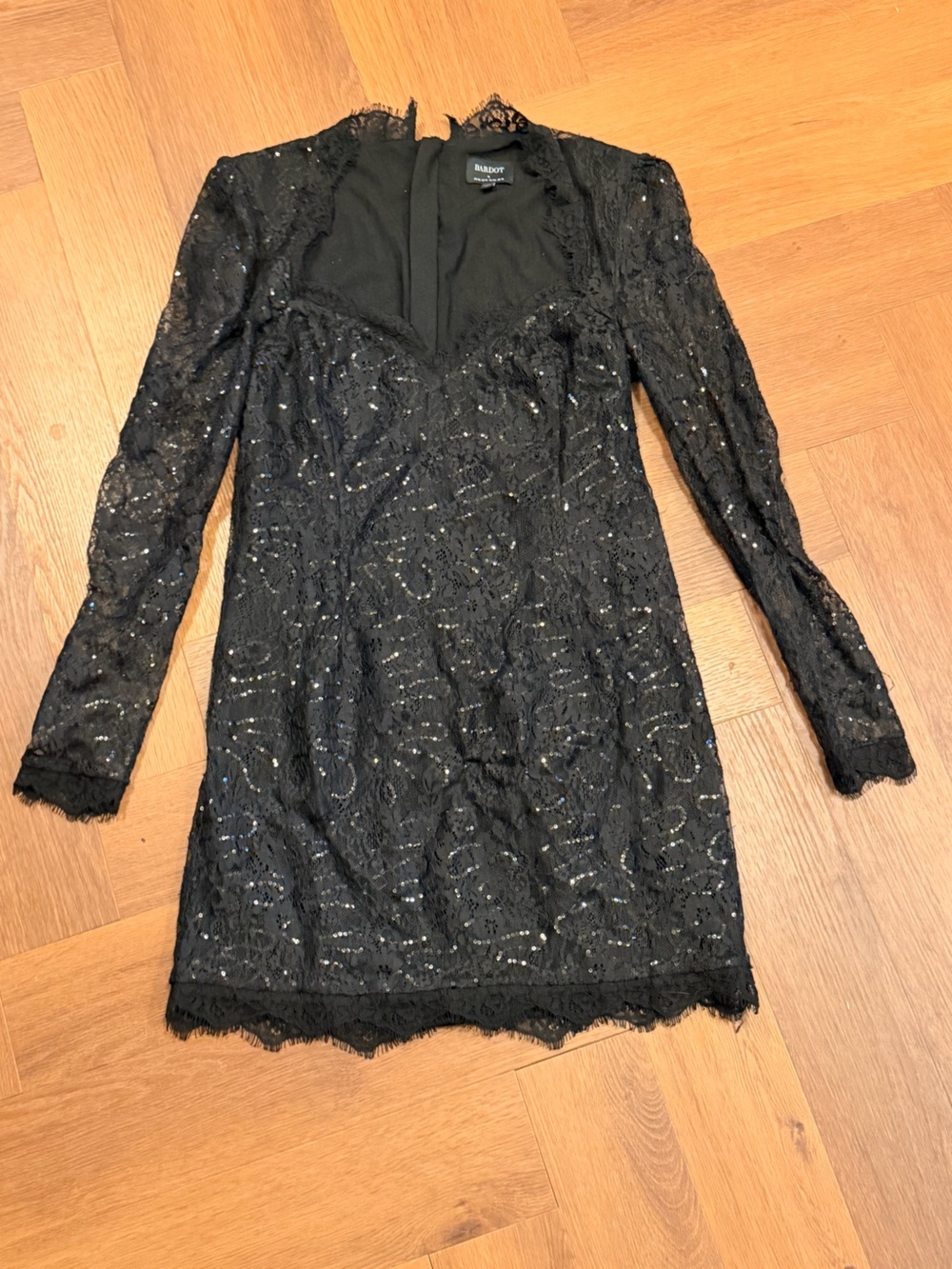 Bardot Black Sequin Lace Cocktail Dress XL Long Sleeve Sheer Sleeve Party Dress